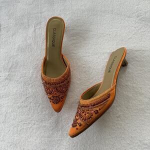 Classique Heel Shoes Womens Size 7 Orange Beaded Mule Kitten Party Wedding